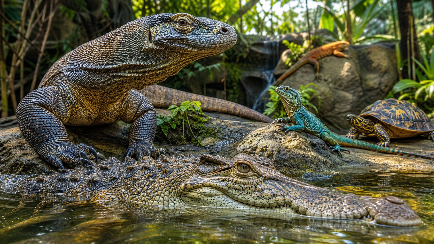 Beberapa reptil langka seperti komodo, buaya siam, dan kadal berwarna-warni berada di habitat alami dengan tumbuhan hijau dan air di sekitarnya.