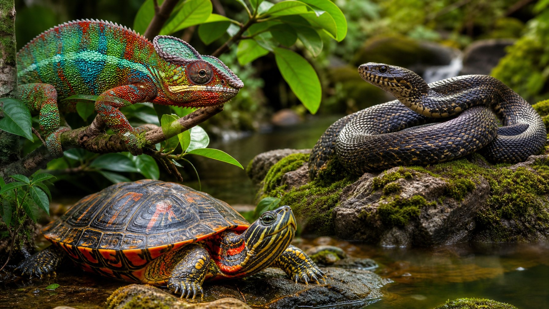 Beberapa reptil langka yang berbeda sedang berada di habitat alami mereka dengan latar belakang tumbuhan hijau dan air jernih.
