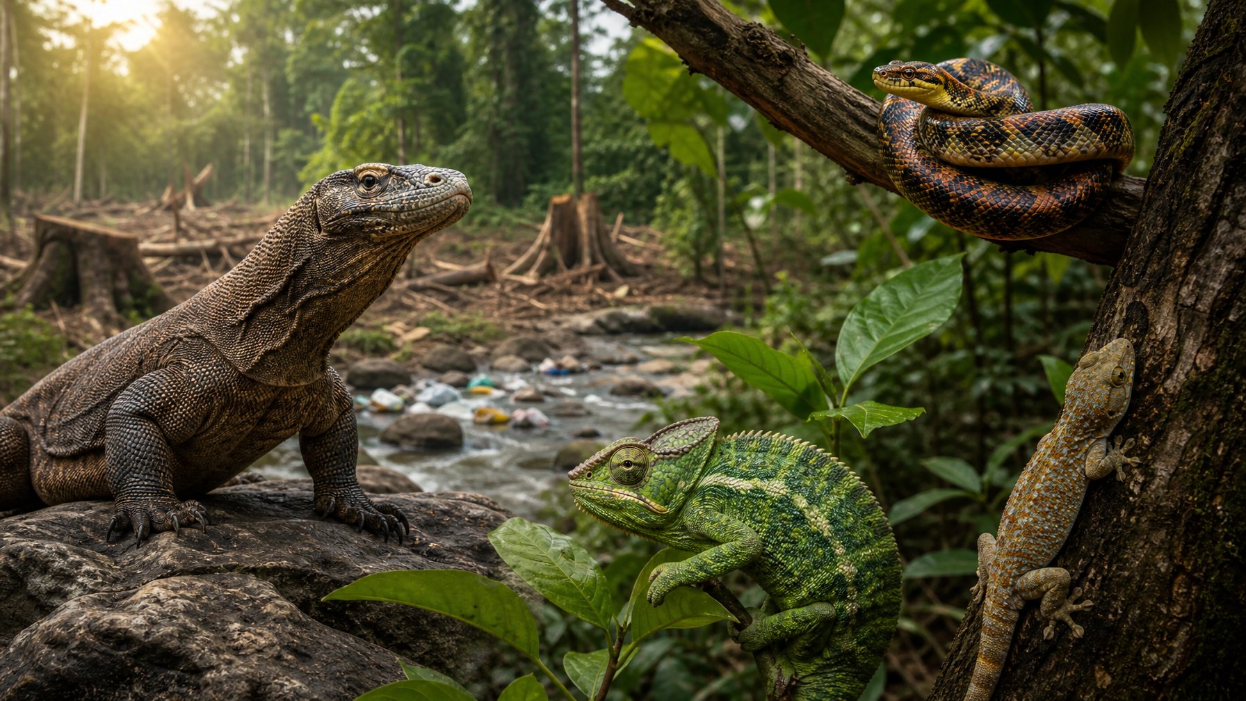 Berbagai jenis reptil langka di habitat alaminya dengan latar hutan hujan, menunjukkan beberapa reptil seperti komodo, bunglon, tokek, dan ular di lingkungan yang alami dan rusak.