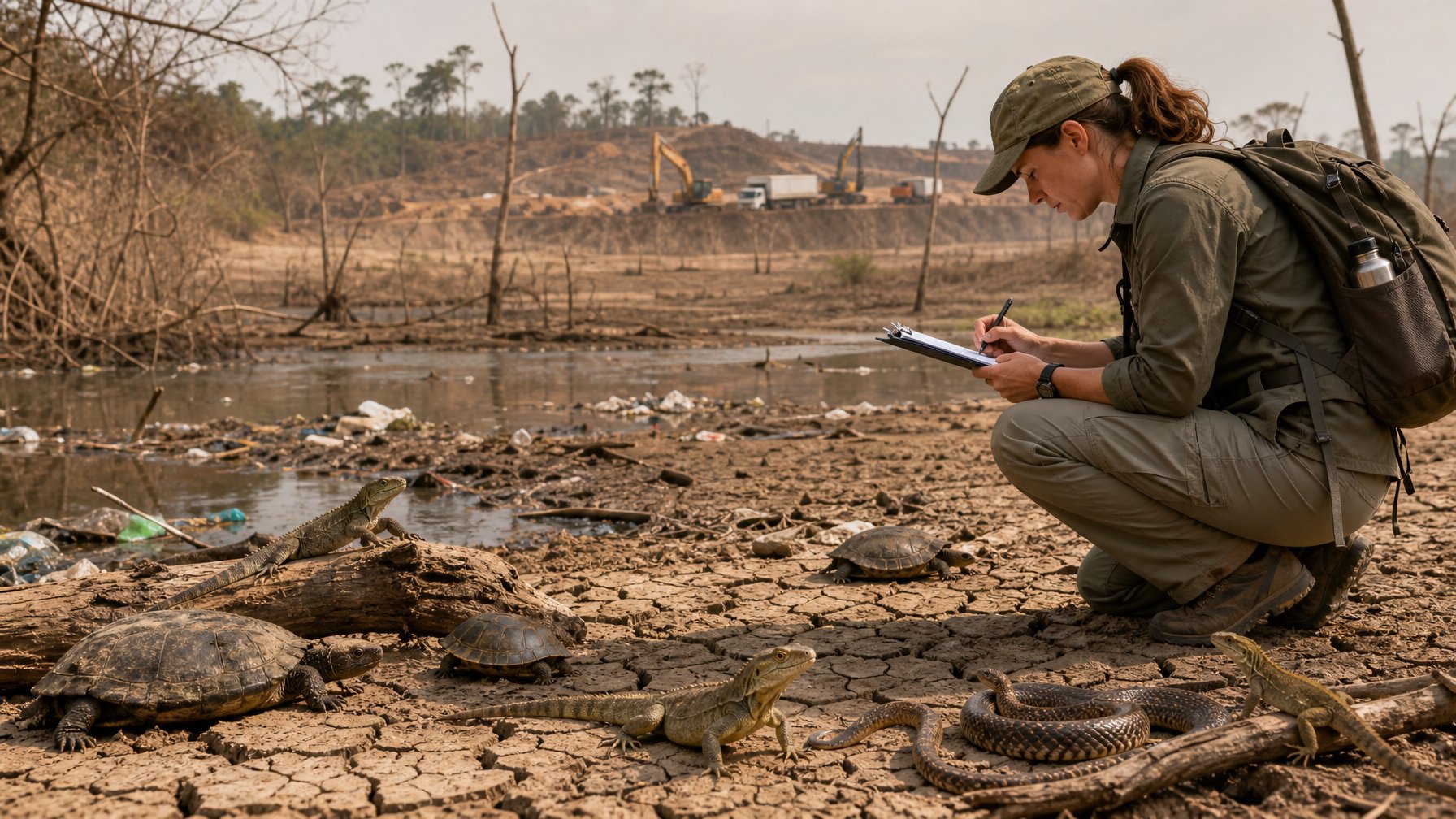 Seorang peneliti mengamati reptil di habitat alami yang kering dan rusak dengan latar belakang vegetasi yang sedikit dan tanda-tanda polusi serta aktivitas manusia.