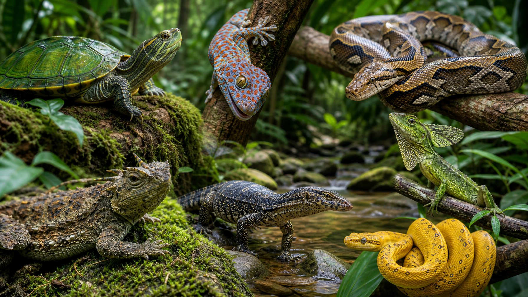 Tujuh reptil langka dari Asia Tenggara di habitat hutan tropis yang rimbun, termasuk penyu hutan hijau, tokek berwarna cerah, ular piton, kadal terbang, kadal bertanduk, biawak air, dan ular pohon emas.