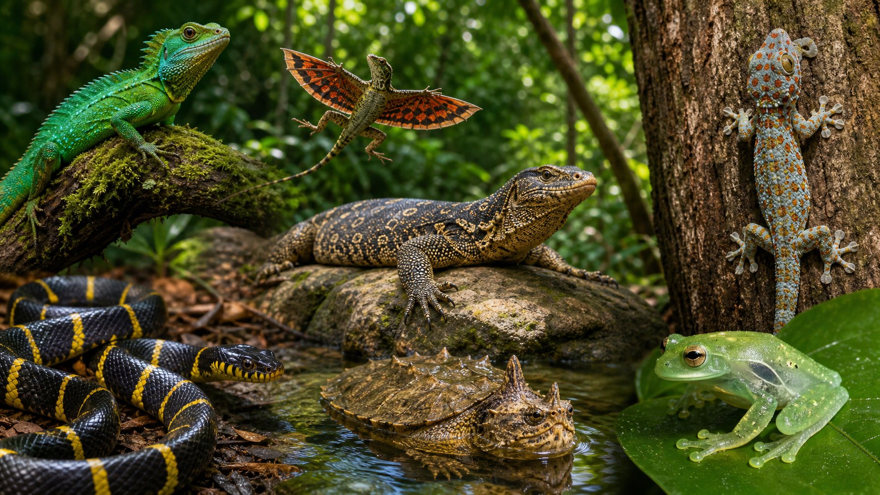 Tujuh reptil langka Asia Tenggara di habitat hutan tropis yang rimbun, termasuk kadal, tokek, ular, kura-kura, dan katak, dalam suasana alam yang alami.