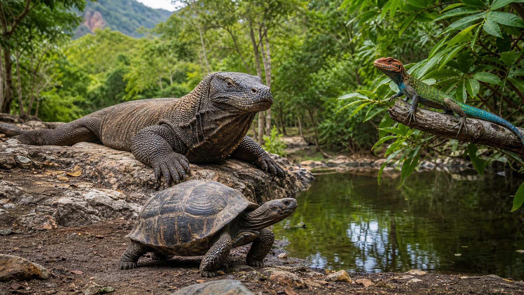 Seekor komodo beristirahat di batu, kura-kura langka berjalan di dekat kolam, dan kadal berwarna cerah di dahan pohon di hutan tropis Indonesia.