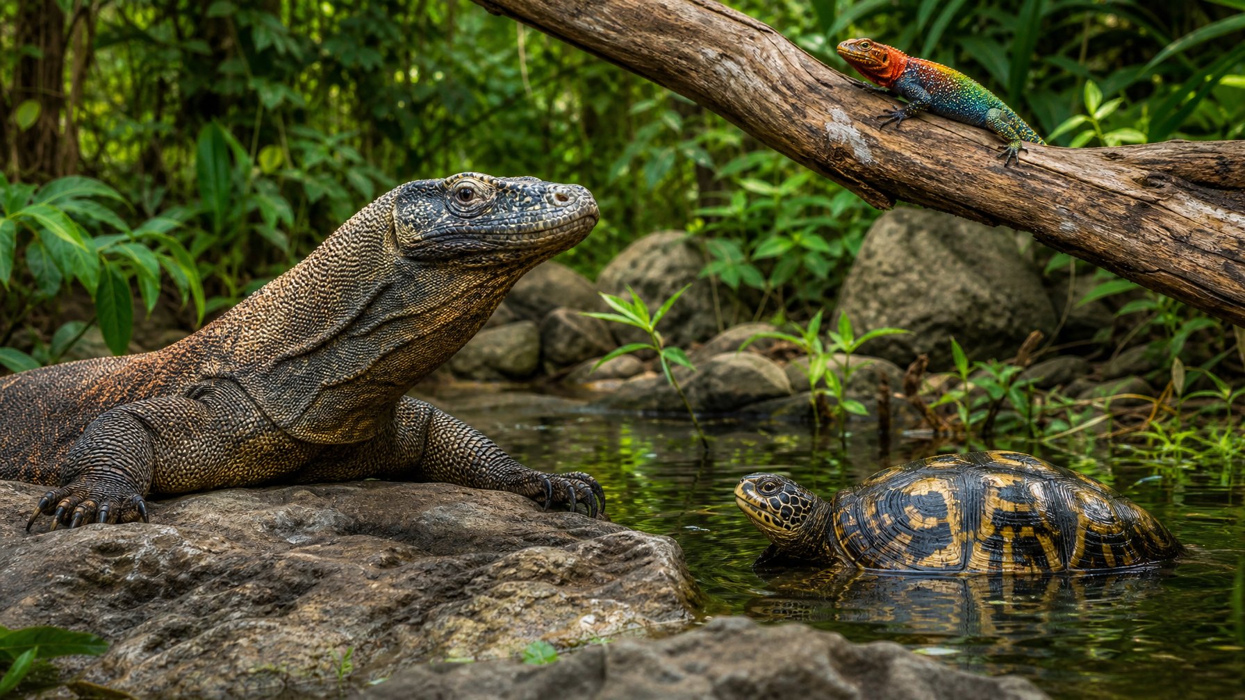 Habitat alami reptil langka Indonesia dengan komodo, kura-kura langka di air, dan kadal endemik di pohon.