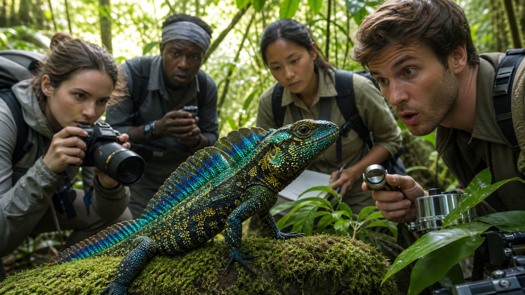 Sekelompok ilmuwan mengamati reptil langka yang ditemukan di hutan tropis yang rimbun.