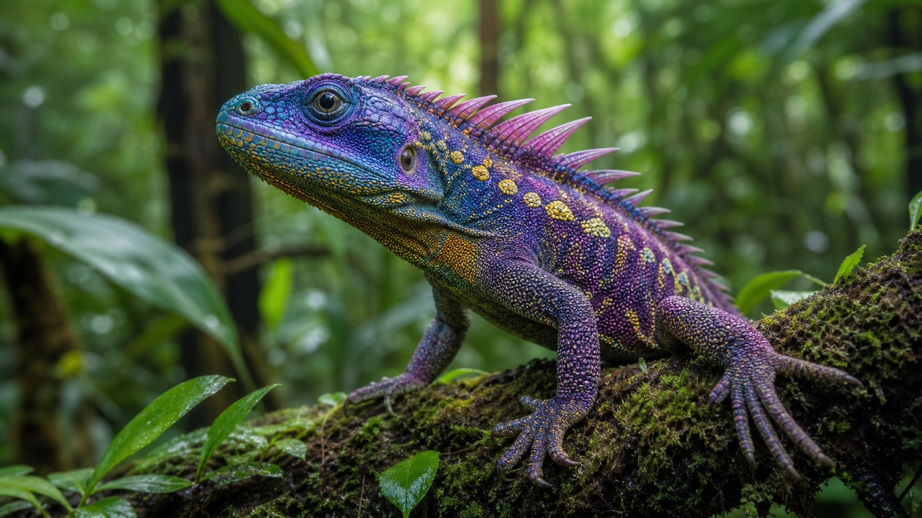 Seekor reptil langka dengan sisik berwarna cerah sedang berada di cabang pohon di tengah hutan tropis yang rimbun.