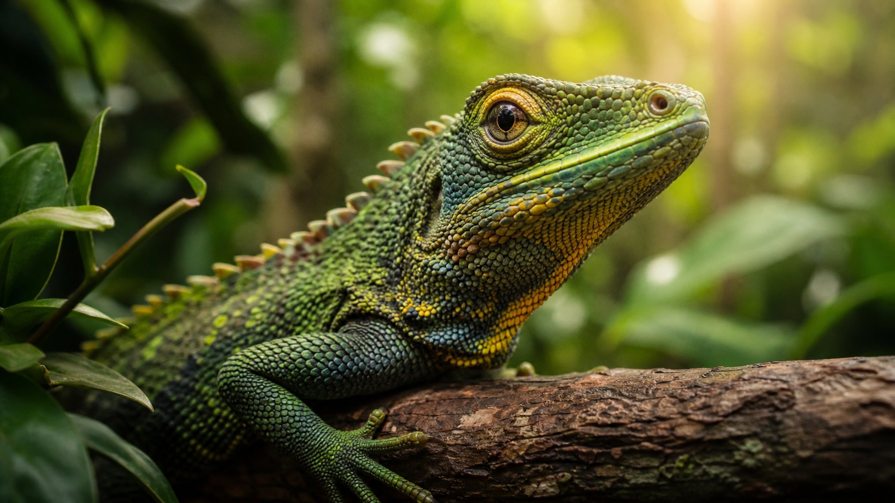 Seekor reptil langka berwarna cerah sedang bertengger di cabang pohon dengan latar belakang daun hijau yang rimbun.