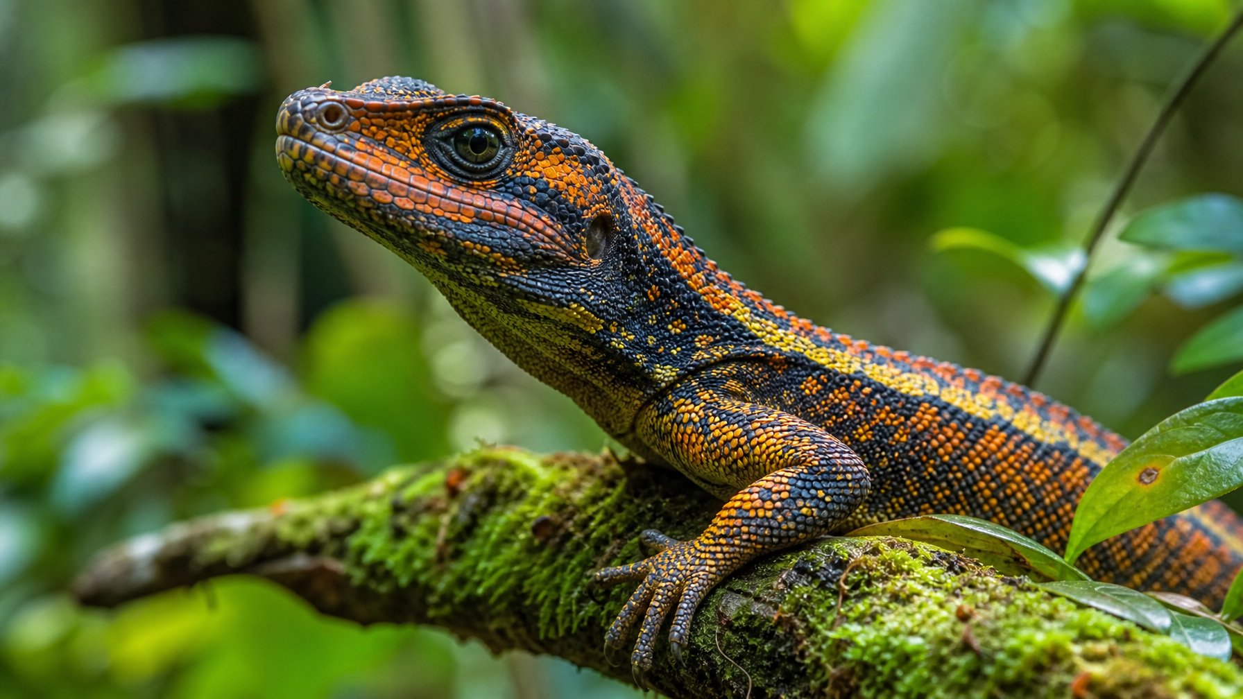 Seekor reptil langka berwarna cerah sedang beristirahat di cabang pohon di tengah hutan yang rimbun.