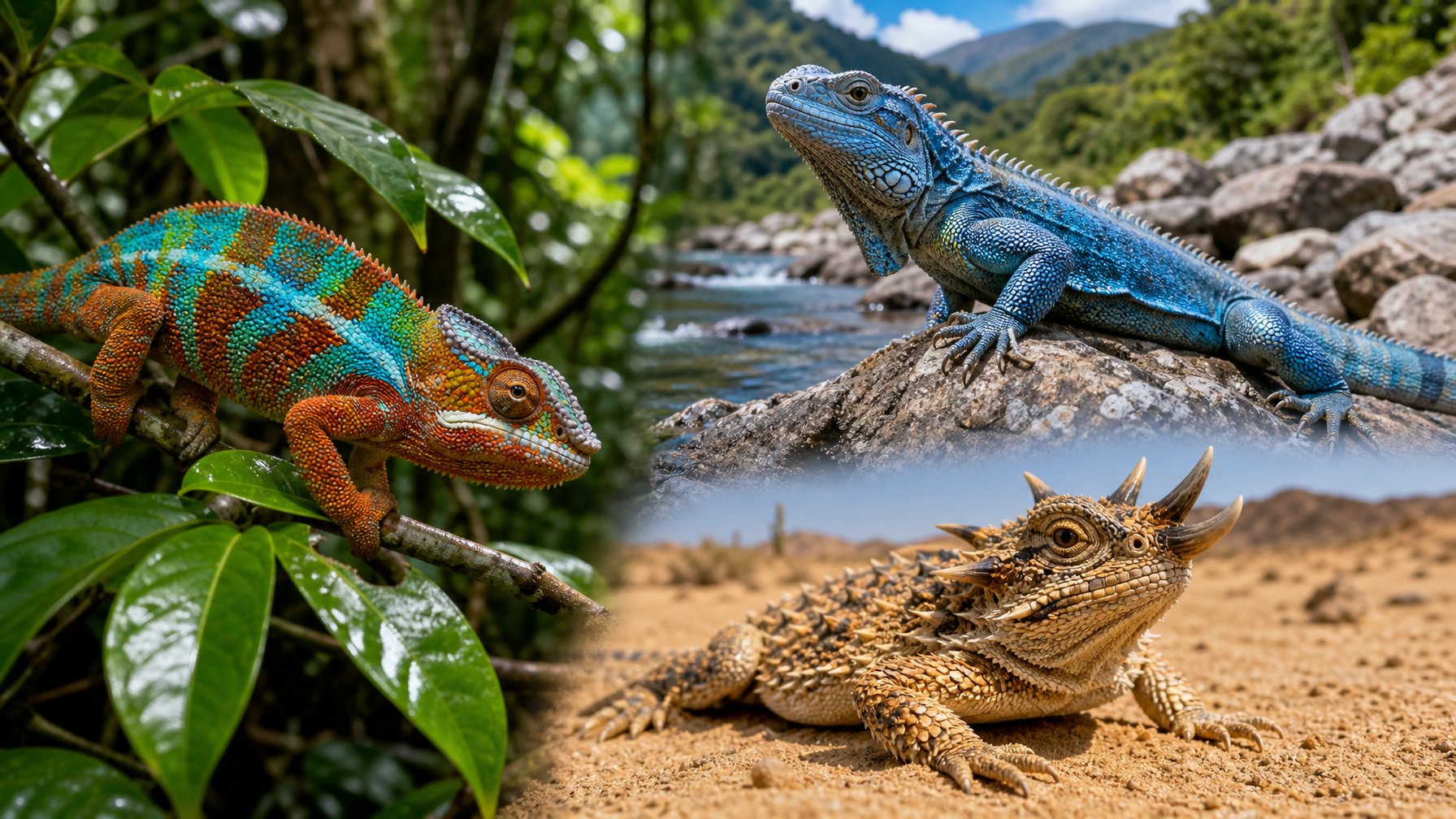 Beberapa reptil langka dari berbagai habitat unik di dunia, seperti bunglon berwarna cerah di hutan hujan tropis, iguana biru di tepi sungai berbatu, dan kadal bertanduk di gurun berpasir.