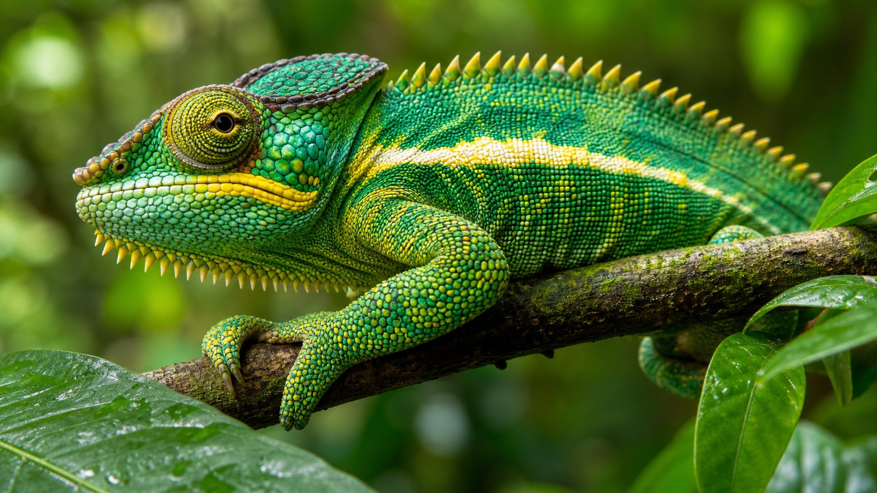 Seekor reptil langka dan eksotis berwarna cerah bertengger di cabang pohon hijau dengan latar belakang hutan tropis yang rimbun.