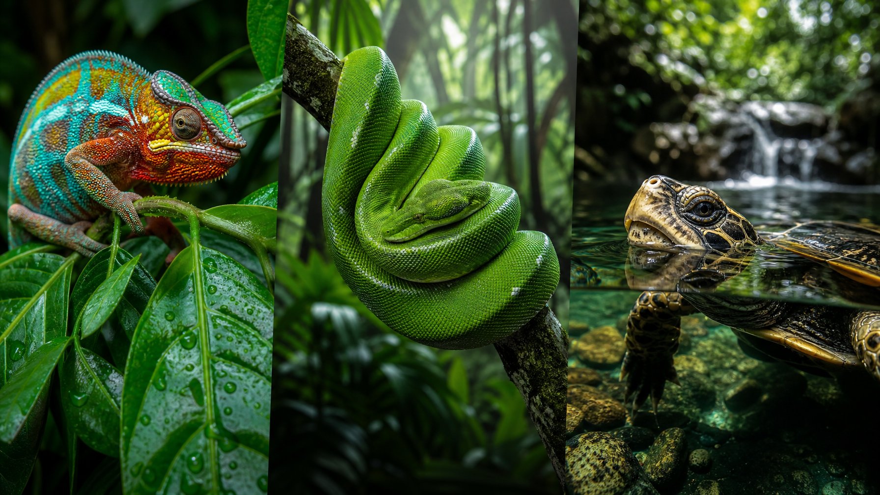 Berbagai reptil langka dan eksotis di habitat alami mereka, termasuk bunglon berwarna-warni, ular hijau di cabang pohon, dan kura-kura langka di air jernih.