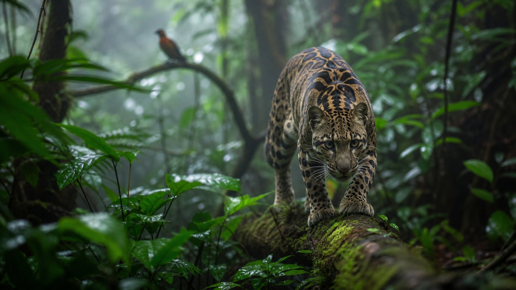 Seekor predator langka sedang bergerak di tengah hutan tropis yang lebat dan berkabut.