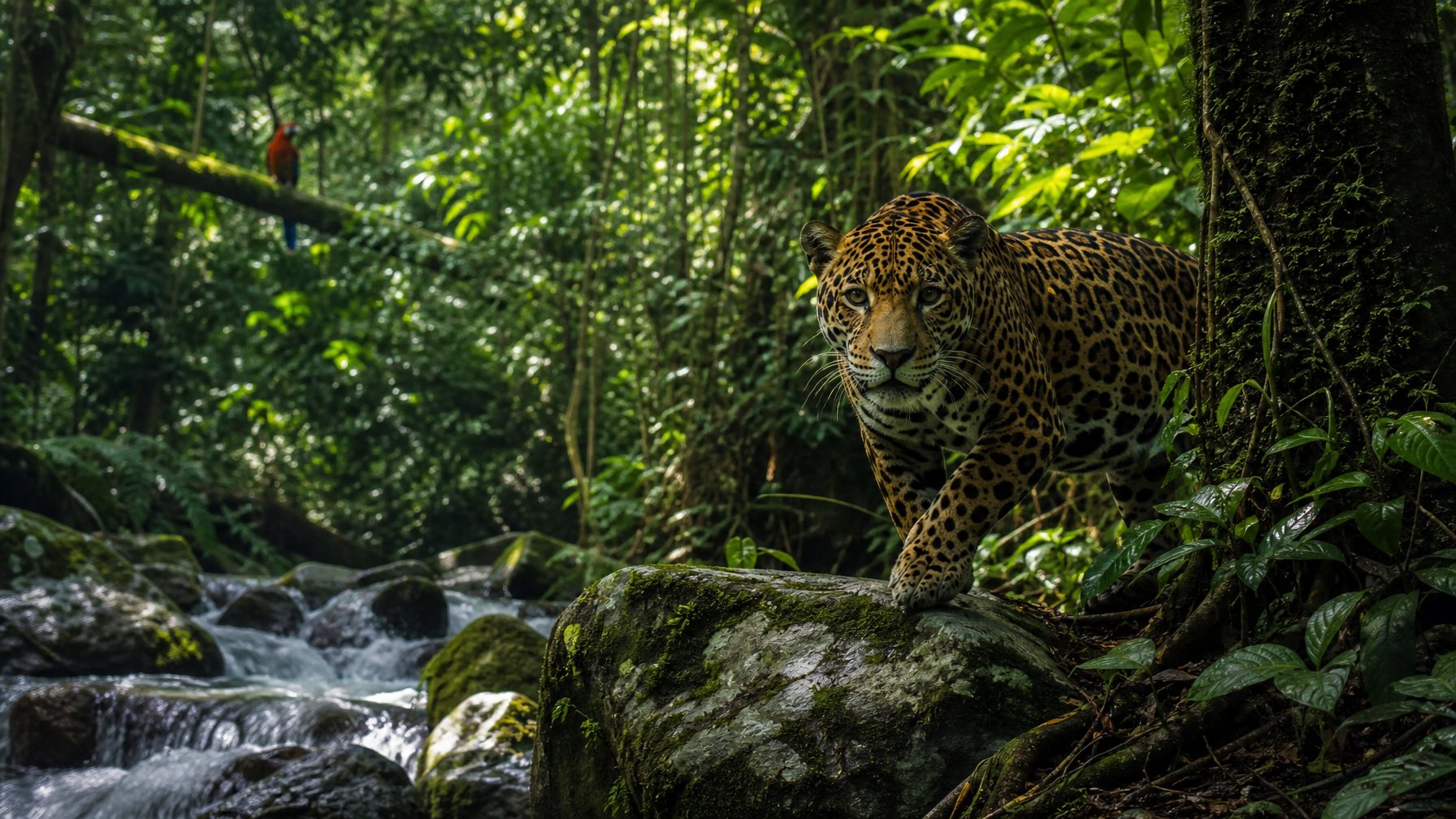 Seekor predator langka muncul kembali di hutan tropis yang lebat dengan pepohonan hijau dan cahaya matahari yang menembus kanopi.