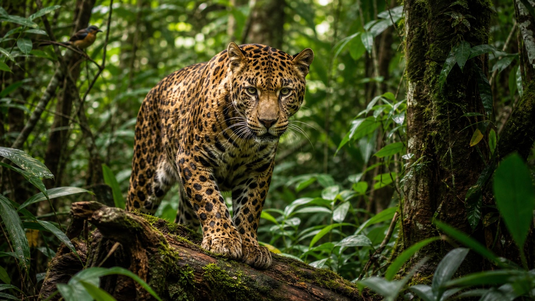 Seekor predator langka berdiri di hutan lebat dengan cahaya matahari yang menembus pepohonan, menunjukkan ciri fisik uniknya.