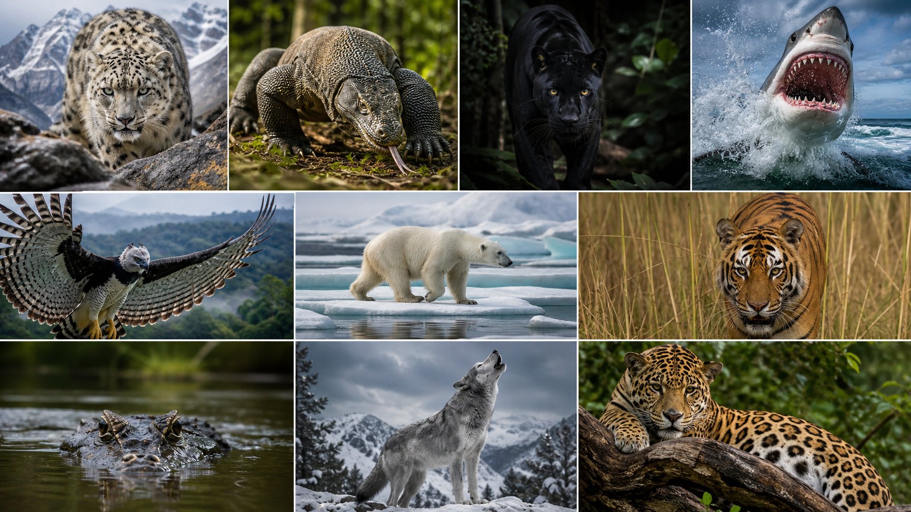 Sepuluh predator langka dan berbahaya di habitat liar mereka, termasuk macan tutul salju, komodo, macan hitam, hiu putih besar, elang harpy, beruang kutub, harimau benggala, buaya air asin, serigala abu-abu, dan jaguar.
