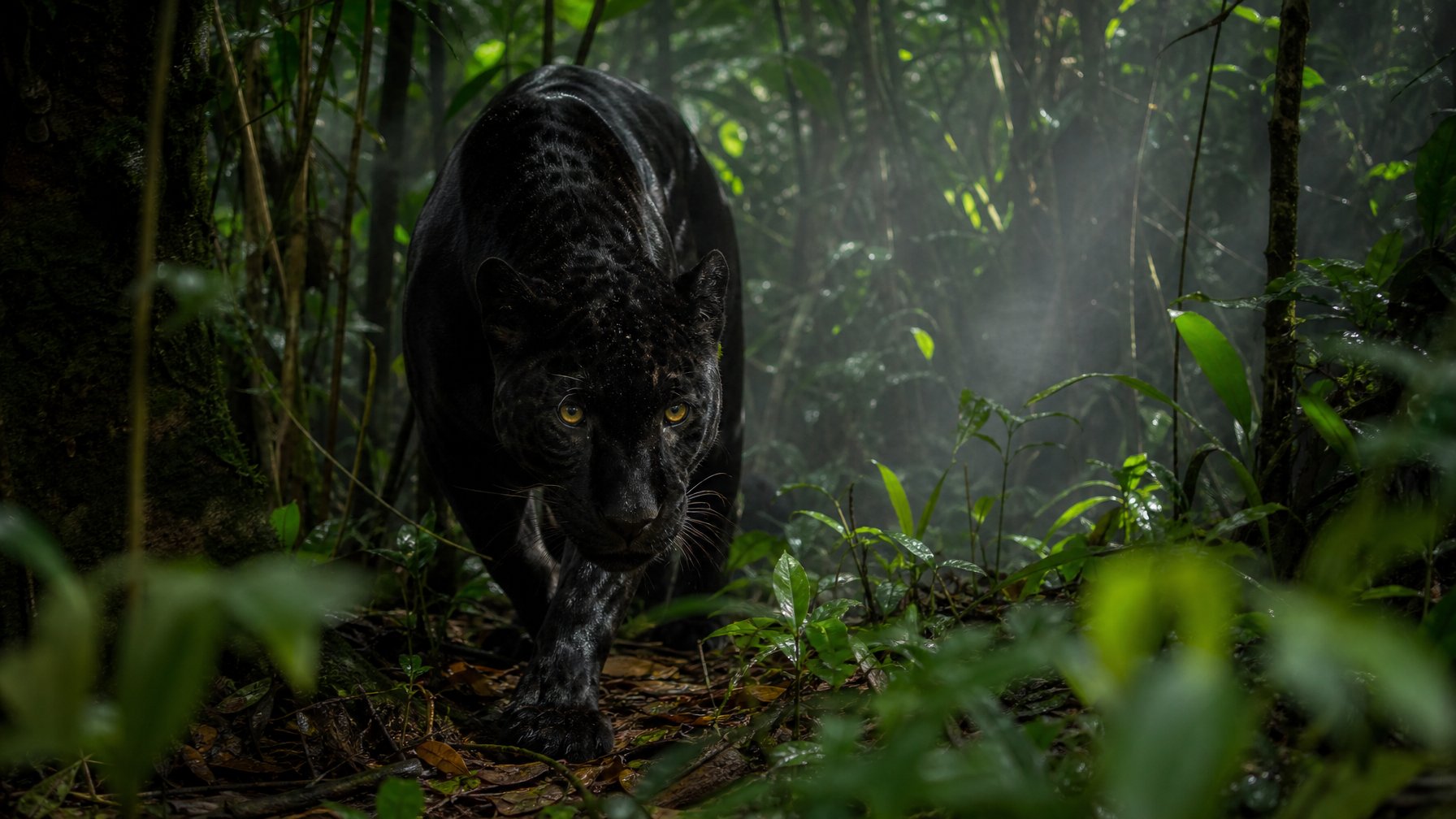 Seekor predator langka dengan bulu gelap bergerak di hutan lebat yang hijau dan penuh pepohonan.