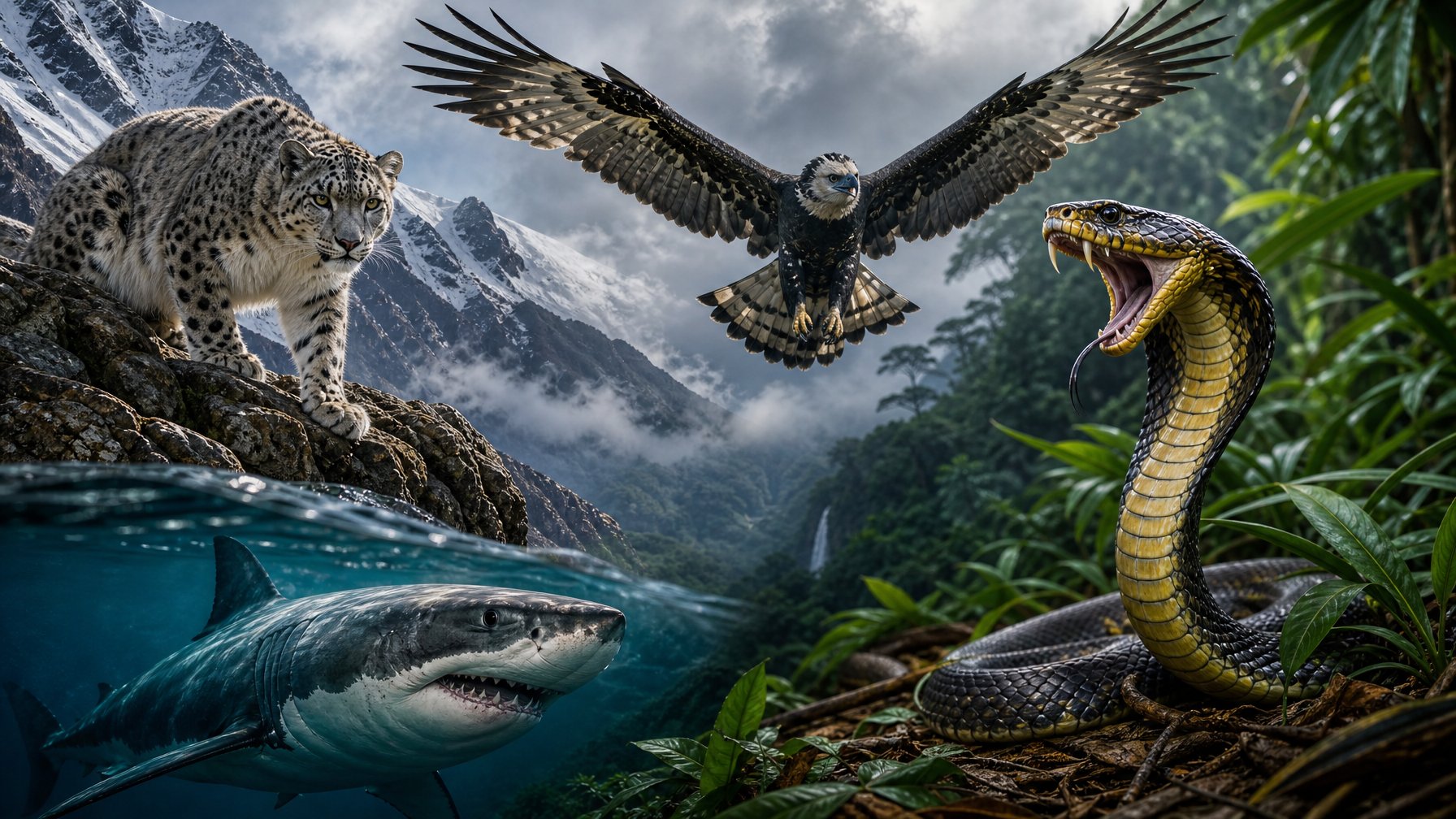 Beberapa predator langka dan mematikan di habitat aslinya, termasuk macan tutul salju di tebing batu, hiu putih besar di laut, ular kobra raja di hutan lebat, dan elang harpy terbang di atas kanopi hutan hujan.