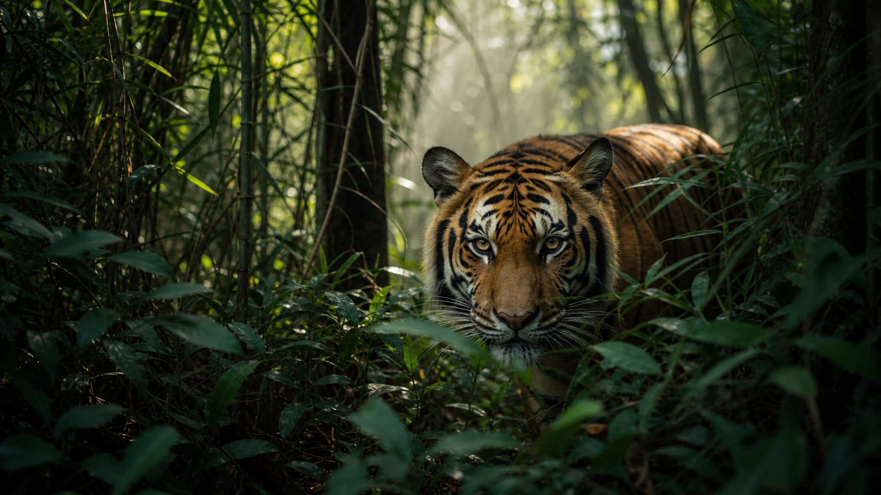 Seekor predator langka dan mematikan di habitat alamnya yang rimbun dan gelap, dengan sinar matahari menembus pepohonan.