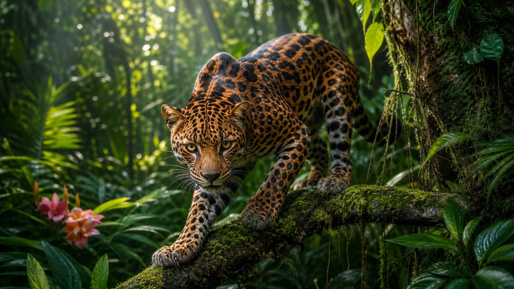 Seekor predator langka dengan bulu atau sisik berwarna mencolok berada di cabang pohon di hutan tropis yang rimbun.