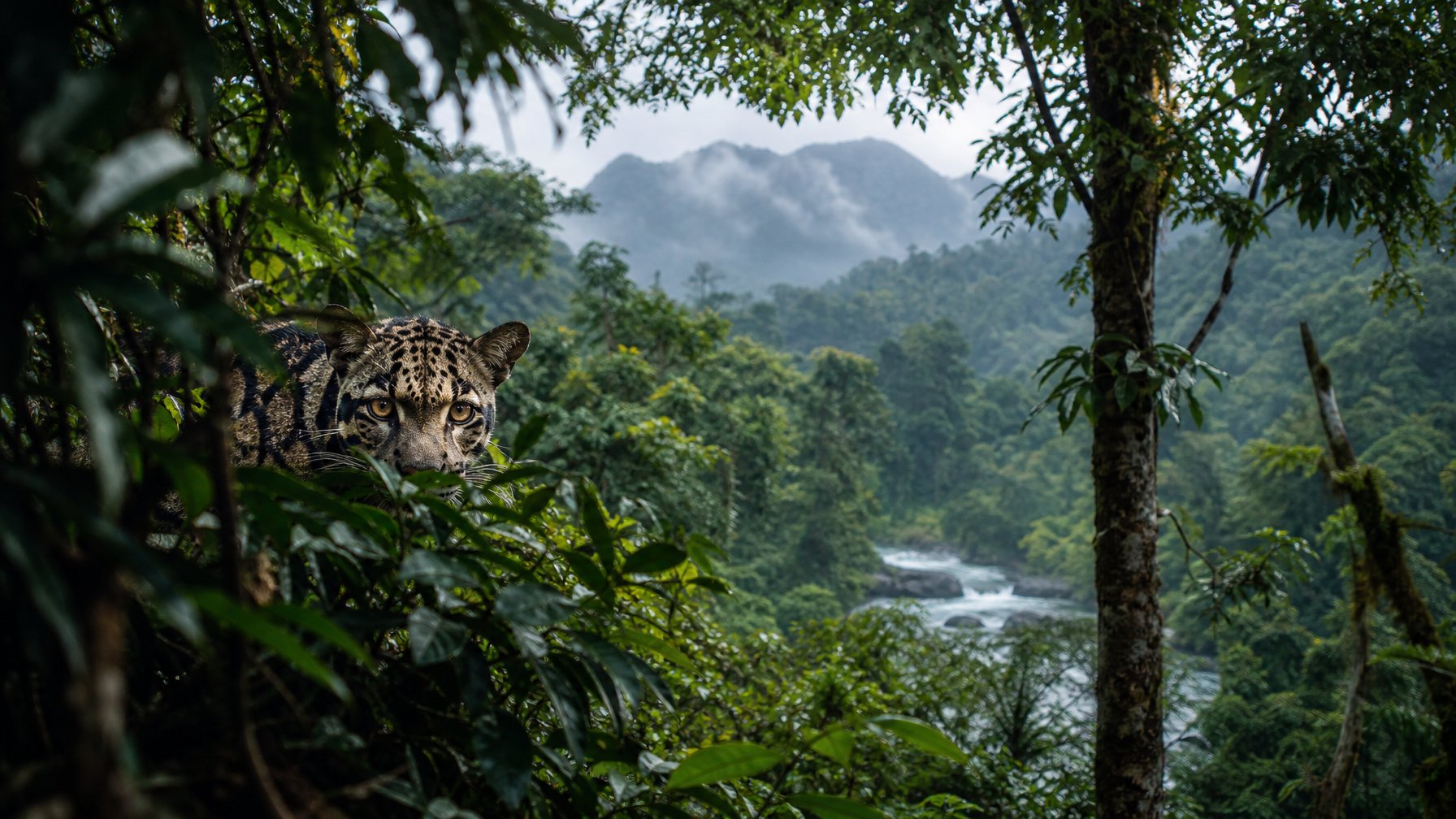 Seekor predator langka tersembunyi di hutan tropis yang lebat dengan cahaya matahari menembus dedaunan, menunjukkan kesulitan menemukan hewan ini di alam bebas.