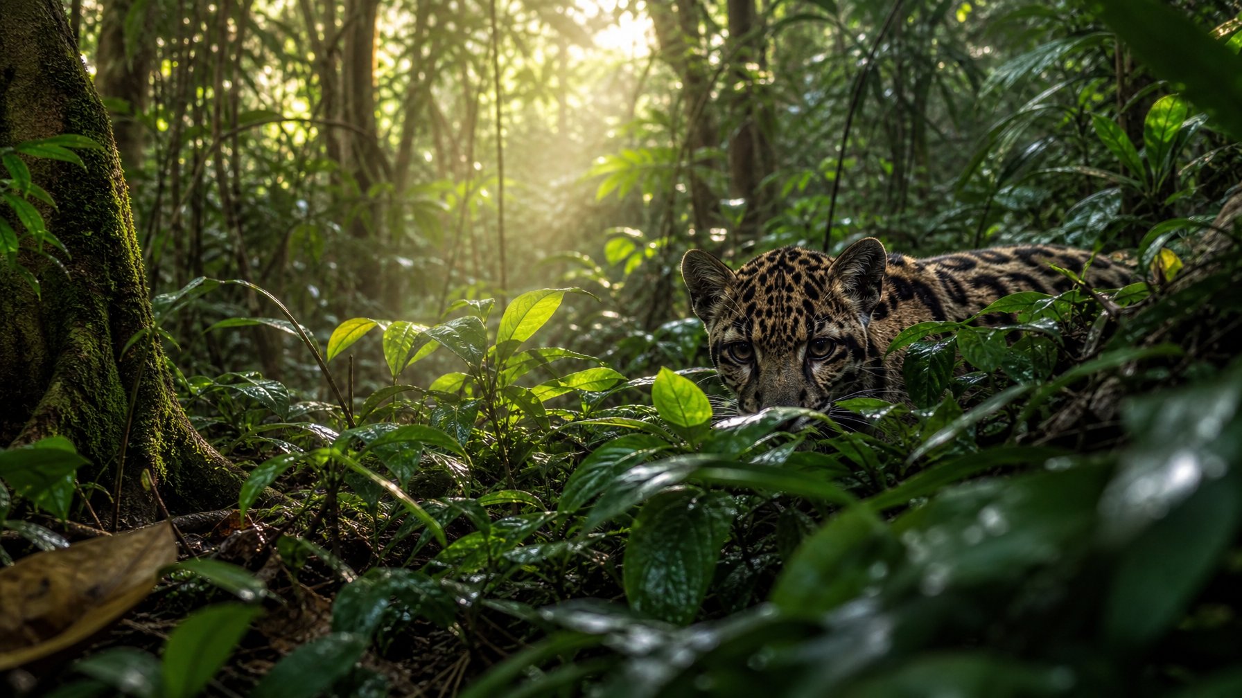 Seekor predator langka tersembunyi di balik dedaunan hijau di hutan lebat saat matahari terbit.