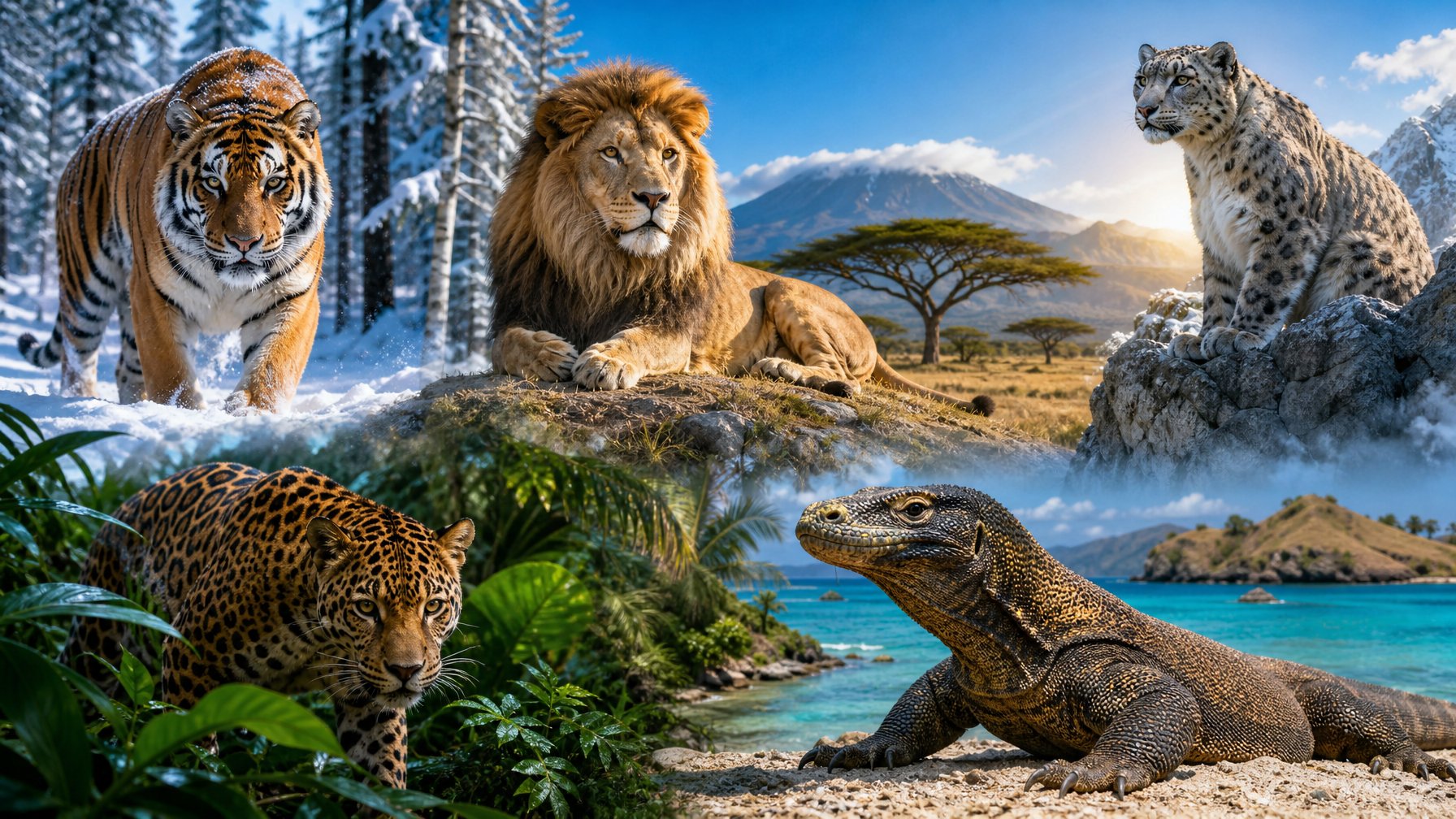 Berbagai predator langka dari berbagai benua seperti harimau Siberia, singa Afrika, jaguar, macan tutul salju, dan komodo yang berada di habitat alami mereka.