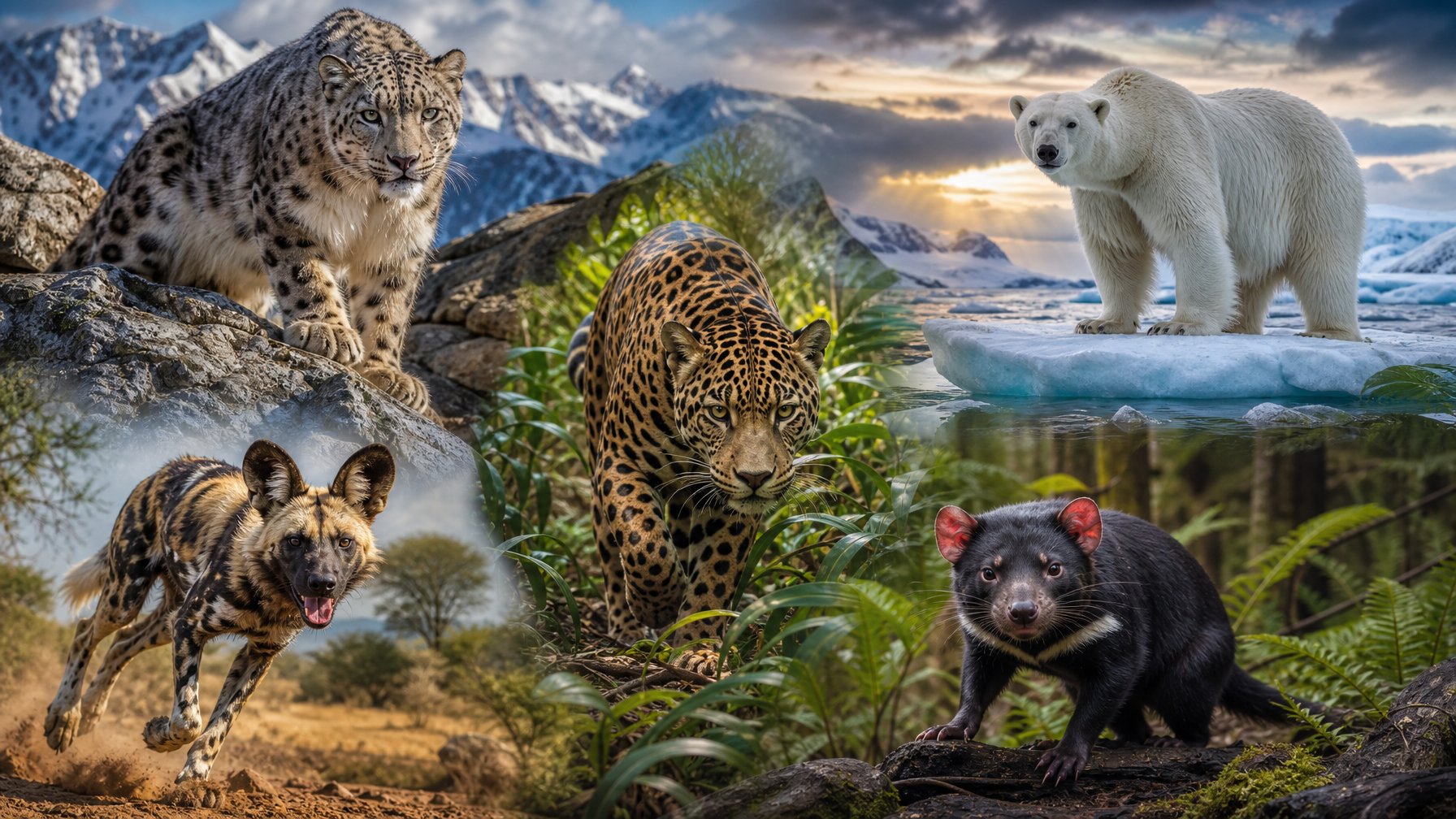 Beberapa spesies predator langka dari berbagai benua, termasuk macan tutul salju, jaguar, anjing liar Afrika, beruang kutub, dan setan Tasmania, di habitat alami mereka.