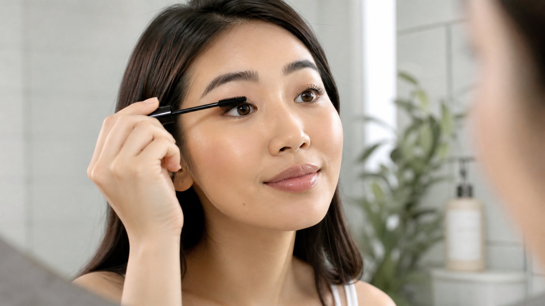 Seorang wanita Asia muda sedang mengaplikasikan maskara di kamar mandi yang terang dan modern.