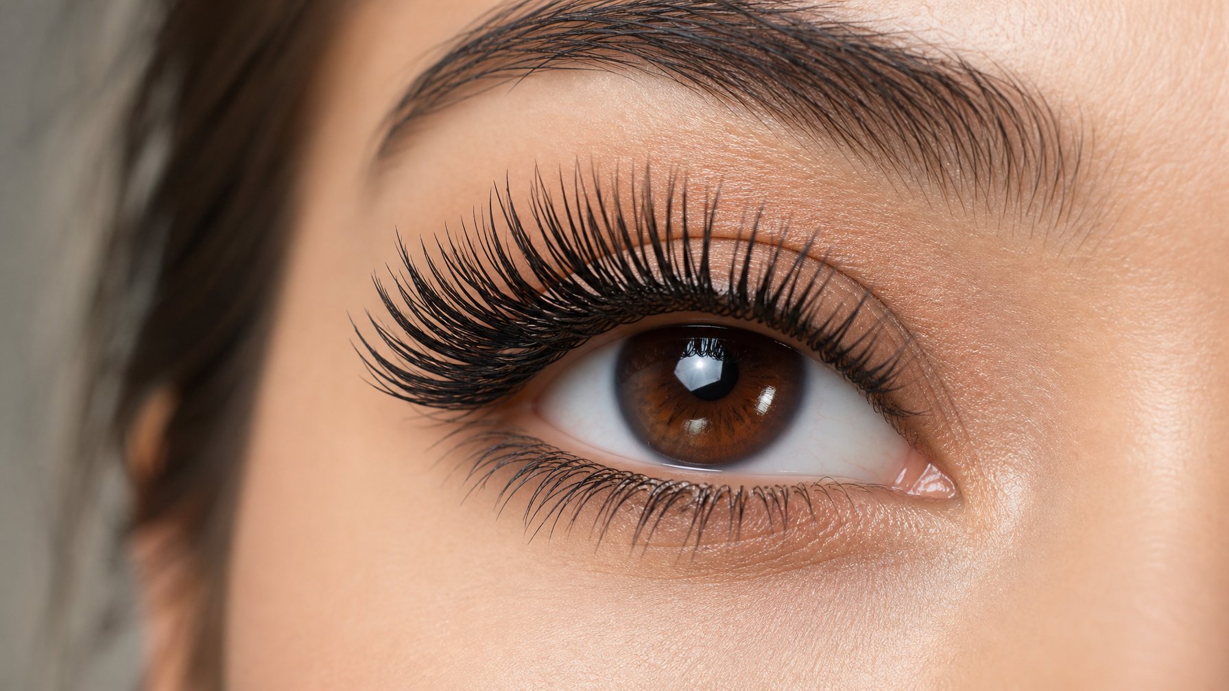 Close-up mata wanita dengan bulu mata panjang dan bervolume yang terlihat jelas.