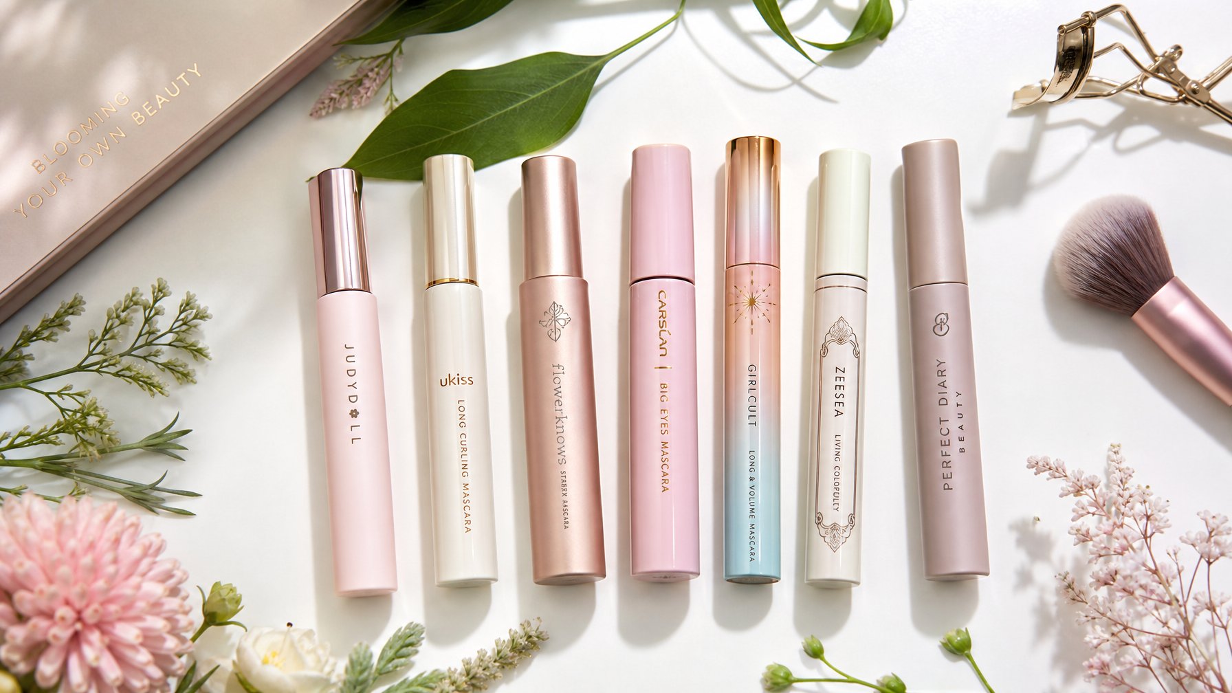 Beberapa maskara C-Beauty dengan kemasan elegan diletakkan di permukaan putih bersama daun hijau dan alat kecantikan.