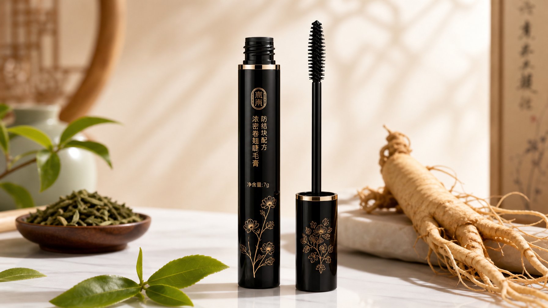 Foto produk maskara premium dari China dengan botol elegan dan sikat maskara yang rapi, dikelilingi bahan alami seperti akar ginseng dan daun teh hijau.