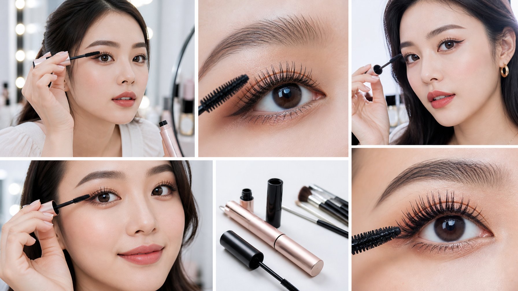 Beberapa wanita Asia sedang menggunakan maskara dengan riasan mata yang berbeda di sebuah studio kecantikan.
