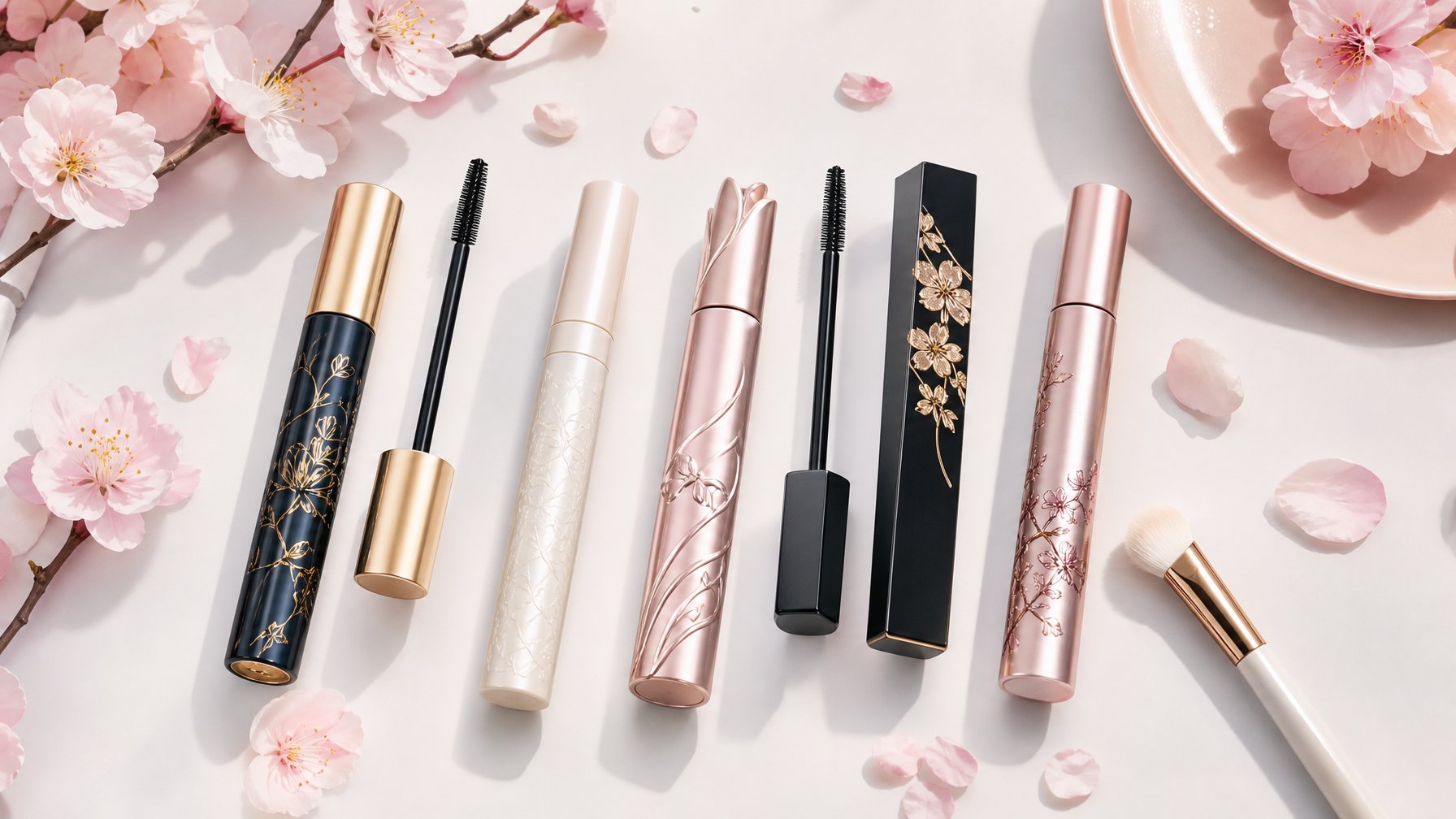 Beberapa tabung maskara dengan desain modern dan elegan diletakkan rapi di atas latar belakang terang dengan hiasan bunga sakura dan kuas makeup.