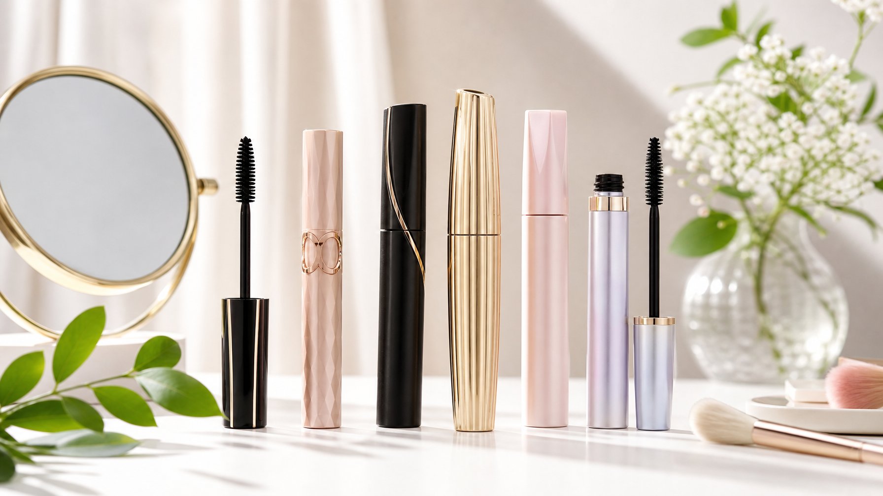 Beberapa produk maskara C-Beauty yang ditata rapi di atas permukaan putih dengan latar belakang buram dan beberapa alat makeup serta daun hijau di sekitarnya.
