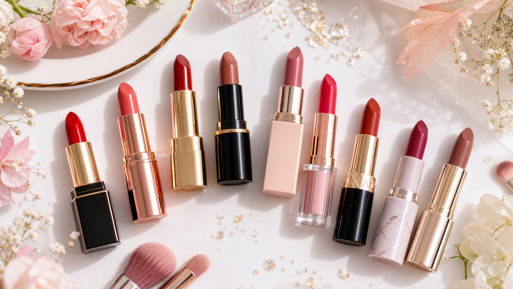 Sepuluh lipstik berwarna-warni dengan kemasan berbeda tersusun rapi di atas permukaan putih, dikelilingi oleh bunga kecil dan kuas makeup.