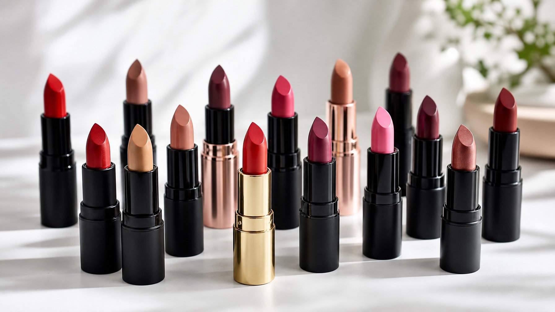 Beberapa lipstik warna-warni tersusun rapi di atas permukaan putih dengan latar belakang yang samar.
