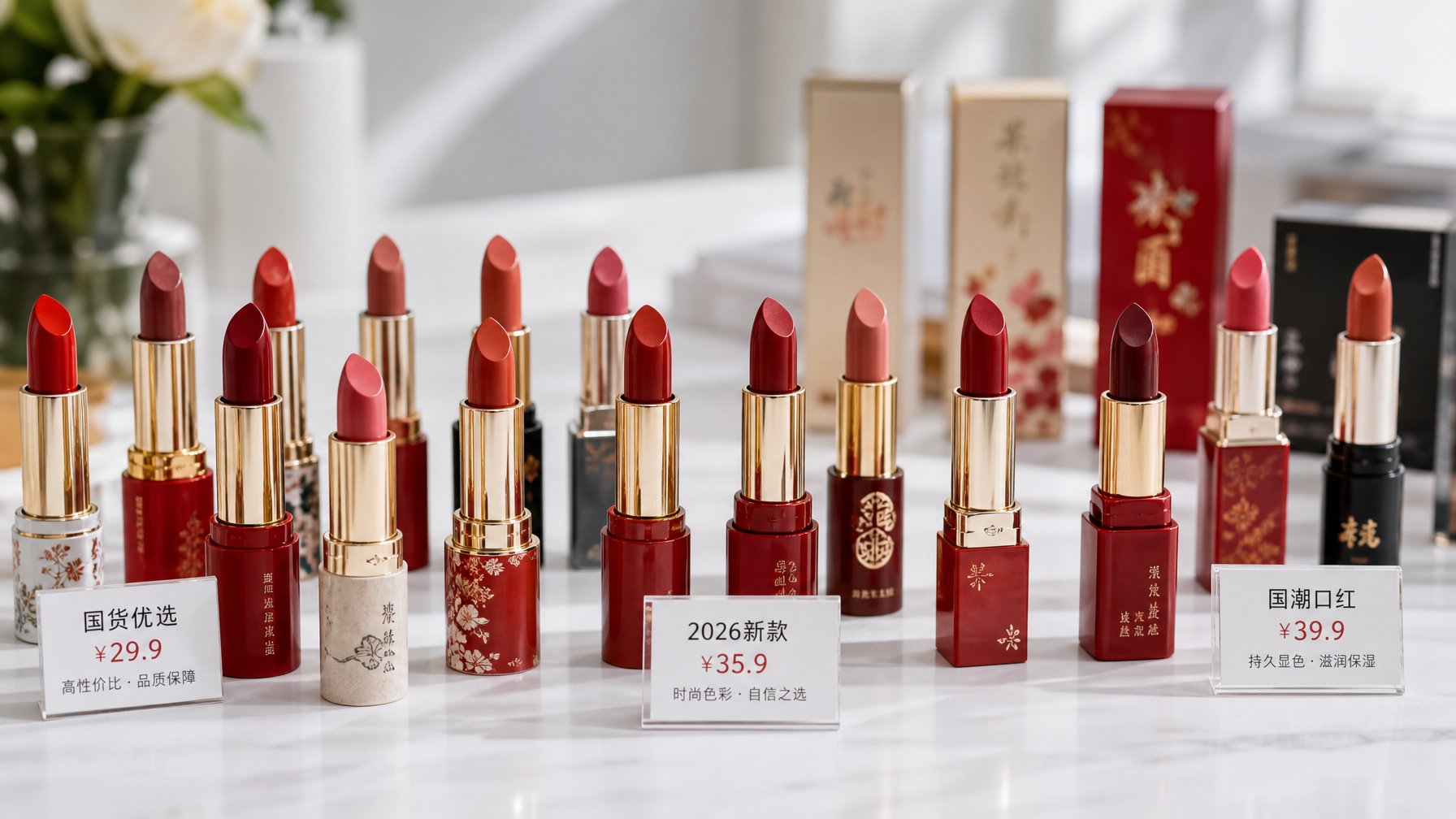 Beberapa lipstik dengan berbagai warna yang tersusun rapi di atas permukaan putih.