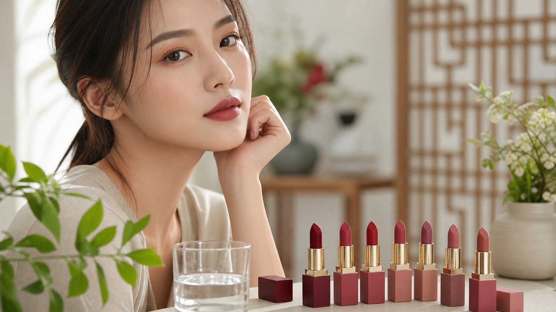 Meja rias dengan beberapa lipstik matte berwarna-warni dan bibir model yang terlihat lembap tanpa kering.