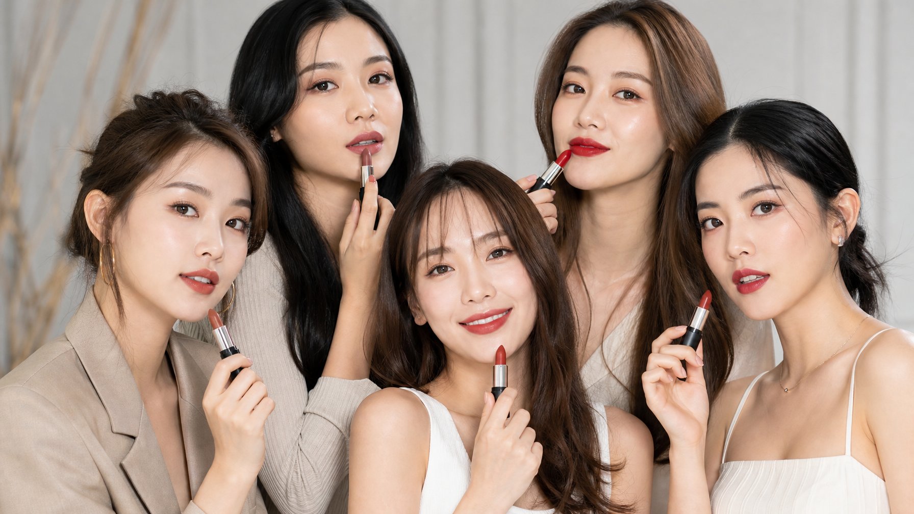 Sekelompok influencer kecantikan Asia sedang menunjukkan berbagai warna lipstik populer dari Cina tahun 2026 dalam studio yang terang dan modern.