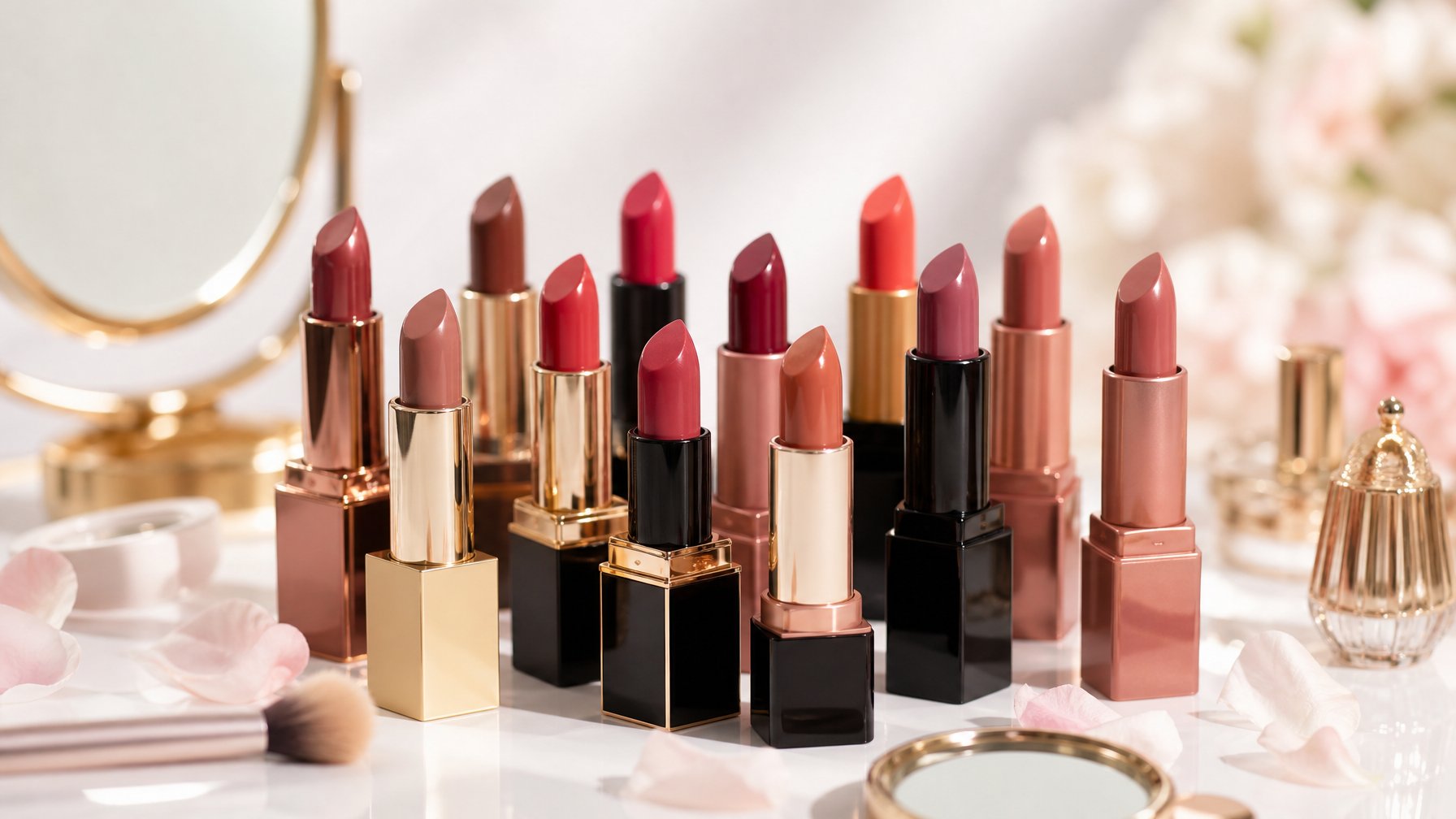 Beberapa lipstik dengan warna dan hasil akhir berbeda disusun rapi di atas permukaan putih dengan hiasan bunga dan alat kecantikan di sekitarnya.