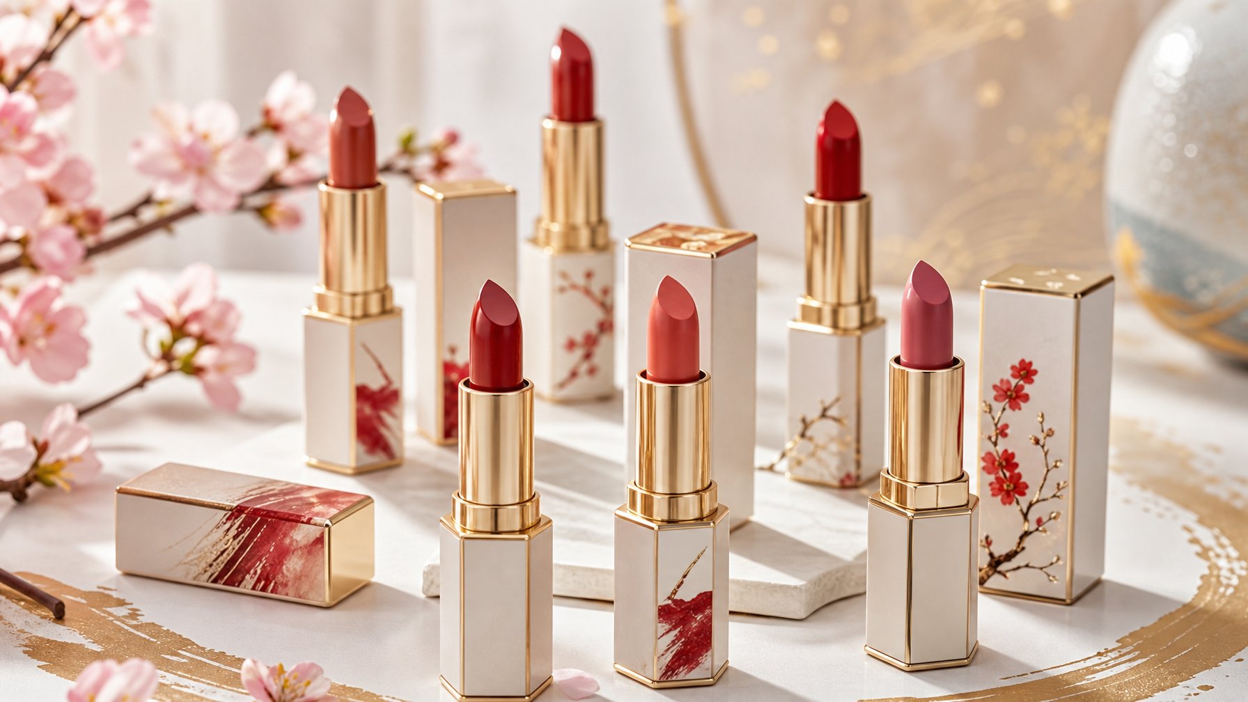 Beberapa lipstik dengan warna merah dan pink tersusun rapi di atas permukaan putih dengan hiasan bunga sakura kecil di sekitarnya.