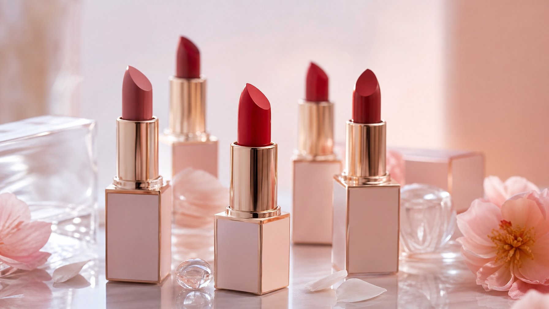 Beberapa lipstik C-Beauty berwarna cerah tersusun rapi di atas permukaan reflektif dengan latar belakang sederhana.
