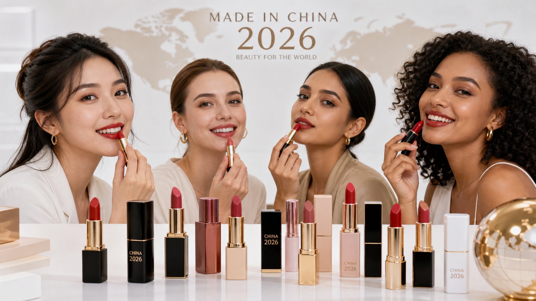 Sekelompok wanita tersenyum menggunakan lipstik dengan berbagai warna, di atas meja putih terdapat beberapa lipstik berdesain modern.