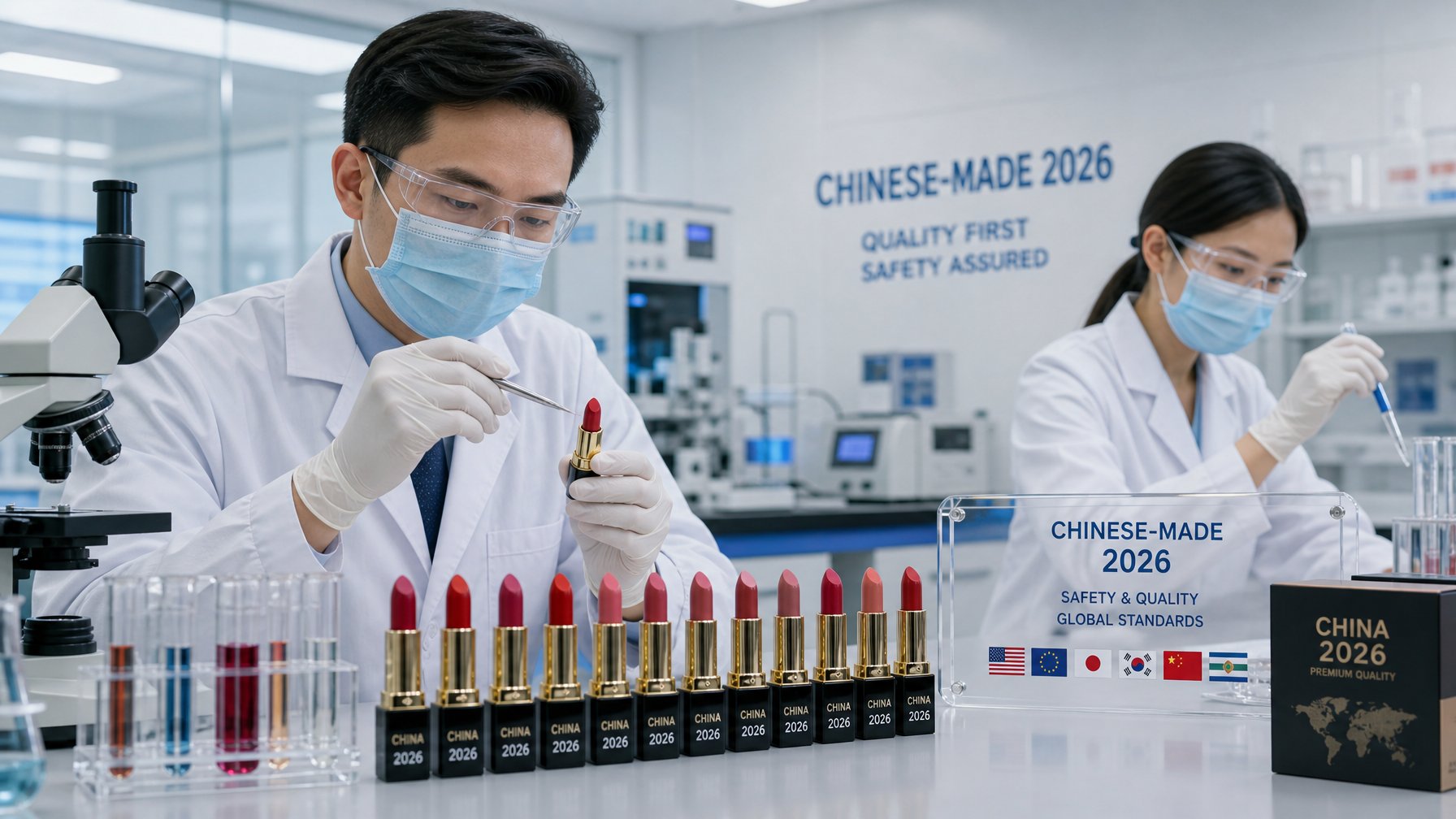Laboratorium kosmetik dengan ilmuwan memeriksa lipstik buatan Cina di meja kerja yang bersih dan terang.