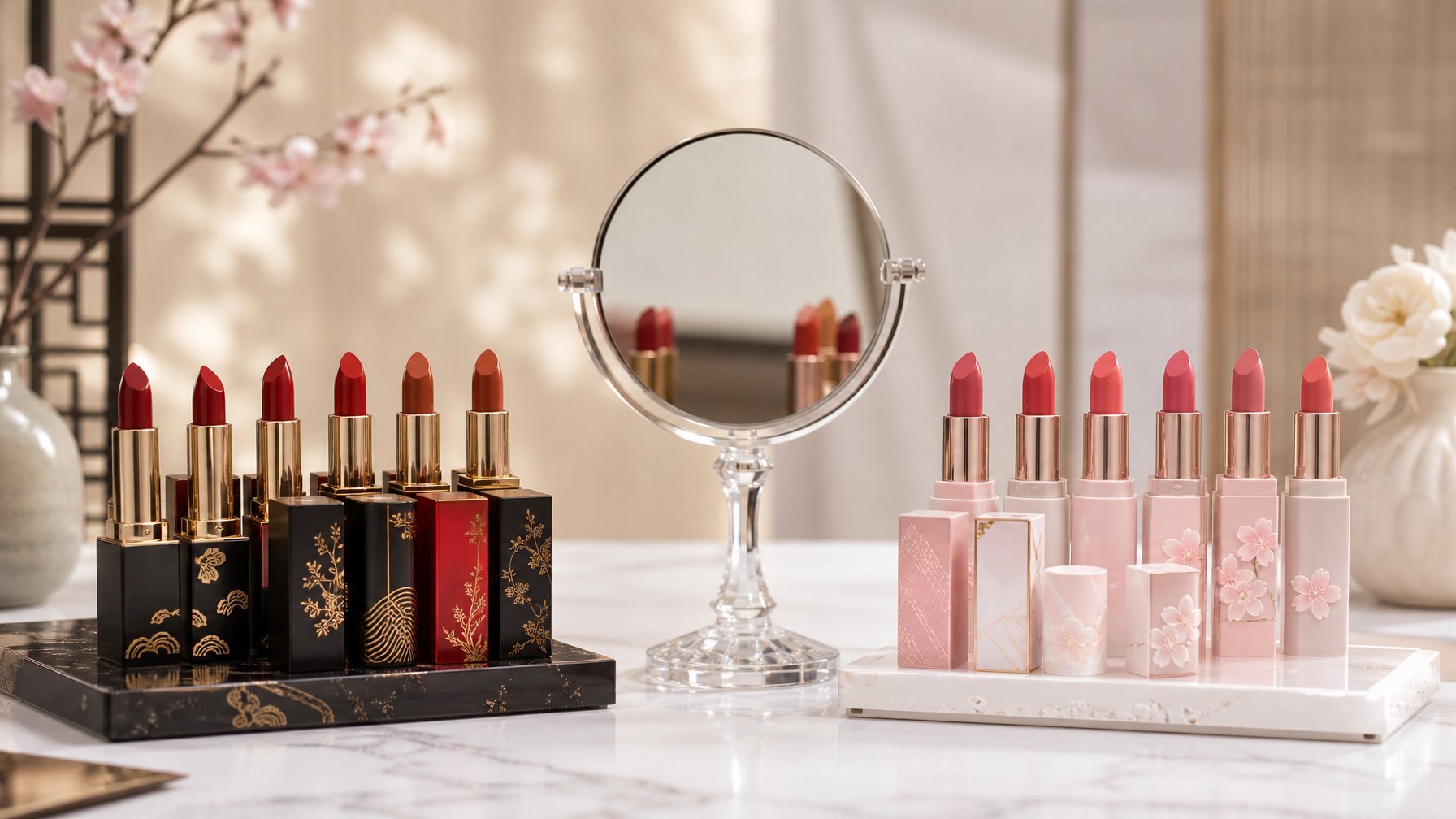Dua set lipstik, satu dengan warna merah dan nude dari Cina, dan satu dengan warna pastel dan koral dari Korea, ditata berdampingan di atas meja dengan latar belakang netral.
