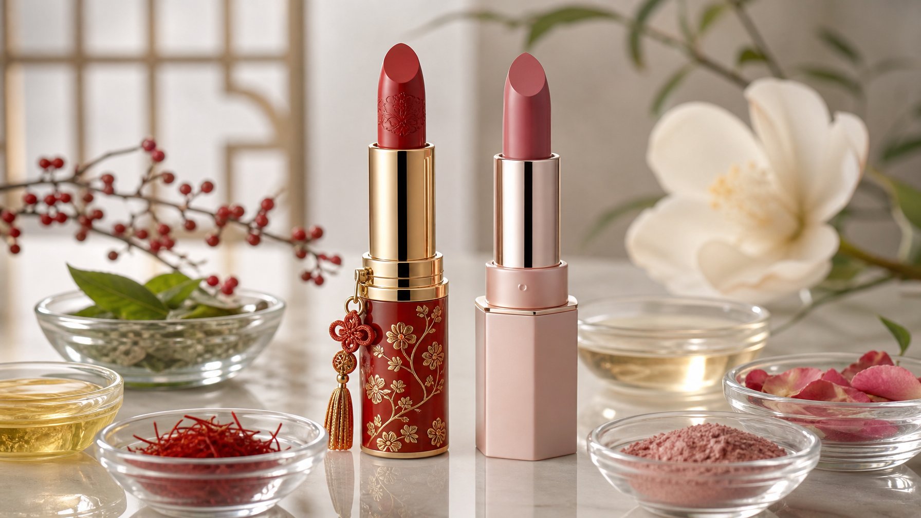 Dua lipstik berdiri berdampingan dengan wadah kecil berisi bahan-bahan di sekitarnya, menggambarkan perbandingan lipstik dari Cina dan Korea.