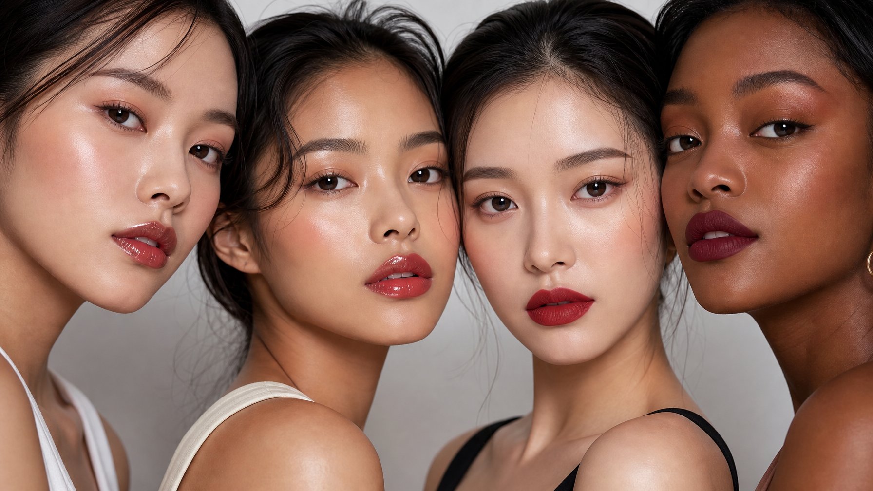 Beberapa wanita dengan warna bibir berbeda menampilkan tren lipstik C-Beauty 2026, dengan bibir mengilap dan matte.