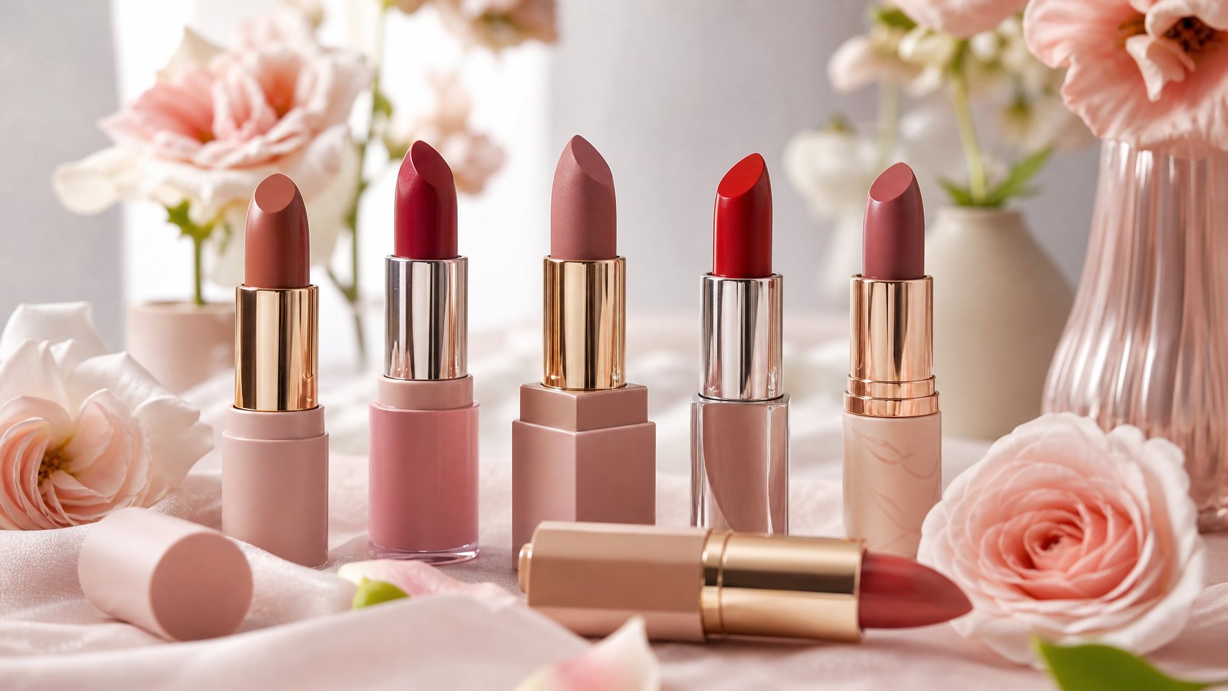 Beberapa lipstik dengan warna dan tekstur berbeda ditata rapi dengan latar belakang bersih dan pencahayaan lembut.