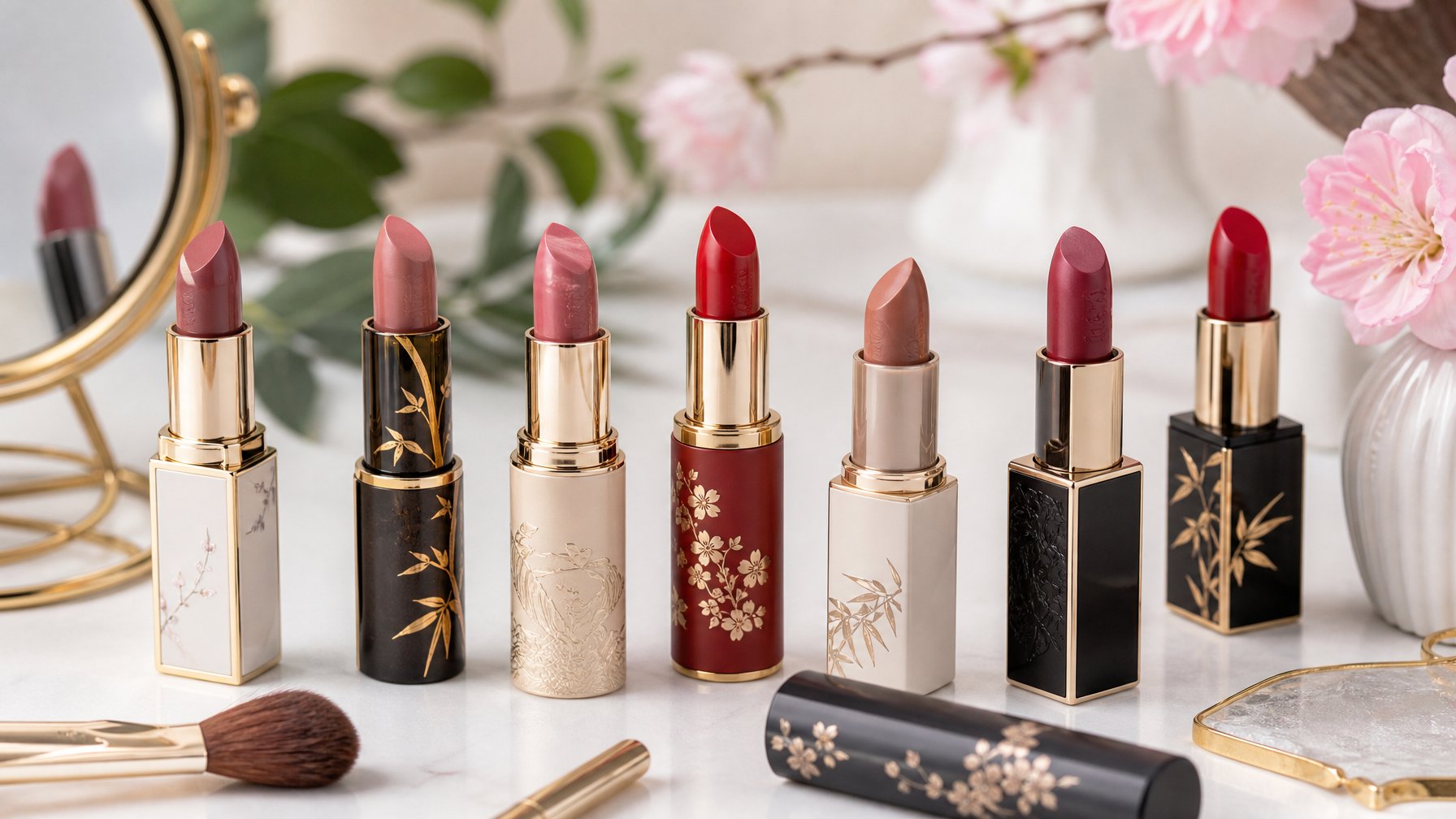 Tujuh lipstik Cina dengan berbagai warna dan kemasan elegan, diatur di atas permukaan putih dengan beberapa alat makeup dan bunga segar di sekitarnya.