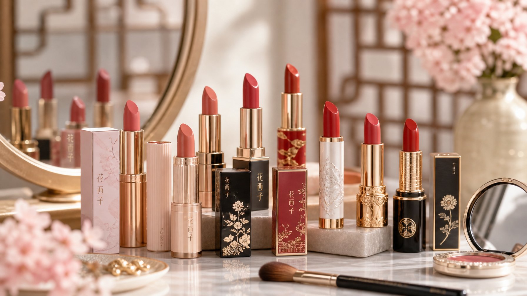 Meja rias dengan berbagai lipstik berwarna-warni dan alat makeup yang tertata rapi.